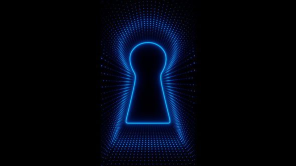 Vertical video blue neon keyhole with waves of dots loop animation