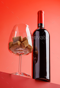 Red wine elegance: Wine glass and bottle against vibrant red background