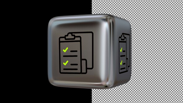 Animated Checklist Icon on a Silver Cube, Alpha Channel, Looped, Exclusive, 3D Render