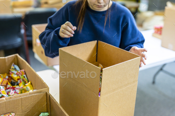 Woman volunteer, organizing food at a food bank
