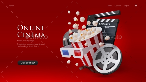 3D Online Cinema Portal Landing Page with Popcorn