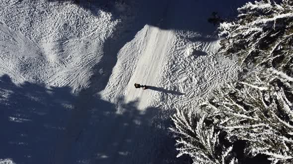 Aerial Shot of Two People Walking on A Winter Day in Cold Snowy Forest,Drone Shot, Wide, Flat Lay