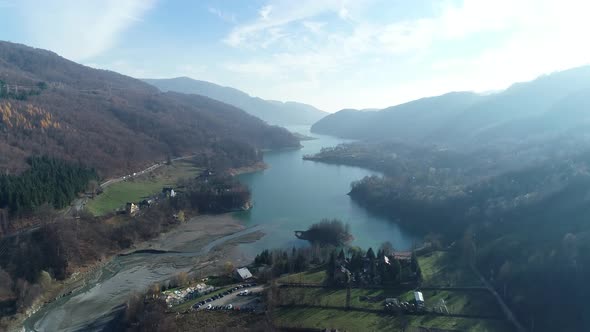 Aerial Lake Between Mountains 4k