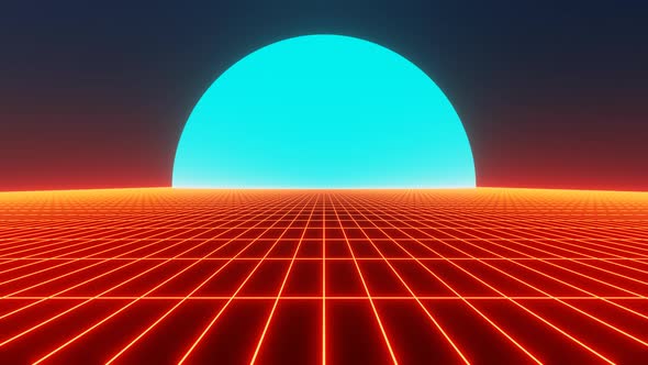 Retro Synthwave Orange Neon Grid and Blue Moon 3d Render