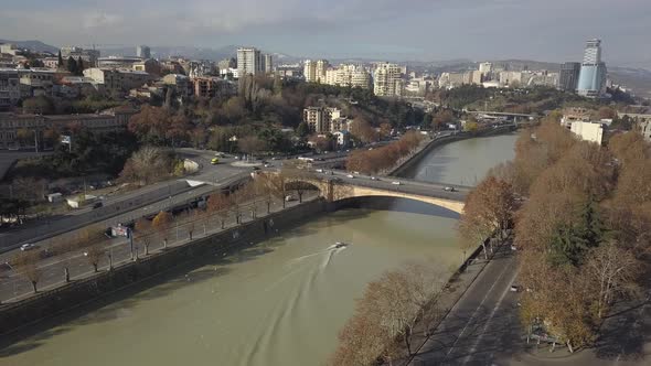 Aerial View of Galaktion Tabidze Bridge in the center of city. Georgia