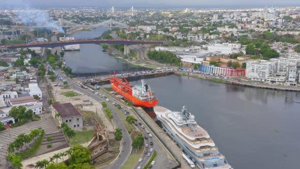 Aerial view of Puerto Don Diego, seen from the air, with a luxury yacht owned by Amazon,Jeff Bezos