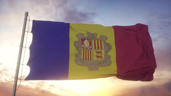 Flag of Andorra Waving in the Wind Sky and Sun Background