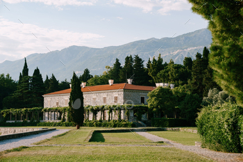 Green garden near Villa Milocer at the foot of the mountains. Montenegro