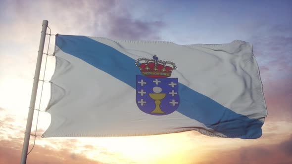 Galicia flag, Spain, waving in the wind, sky and sun background