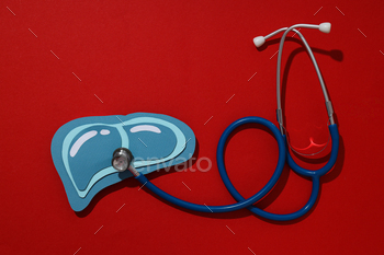 Paper mockup of liver and stethoscope on red background, top view