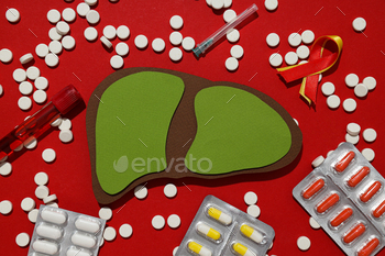 Paper mockup of liver and tablet on red background, top view