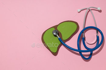 Paper mockup of liver and stethoscope on pink background, space for text