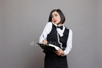 Waitress speaking on phone with client