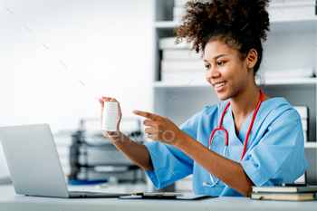 African american woman doctor introducing medicine How to take medicine online. Examination, treatme