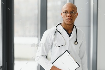 african american doctor in modern office.