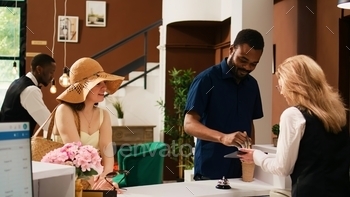Hotel guests checking in at reception