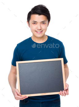 Young man show with the blackboard