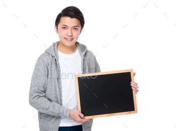 Asian young man show with chalkboard