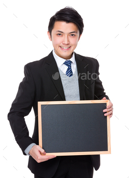 Asian young businessman show with chalkboard