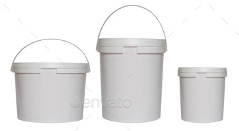 Three white plastic buckets