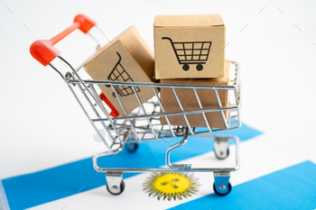 Box with shopping cart logo and Argentina flag, Import Export Shopping online or eCommerce finance.