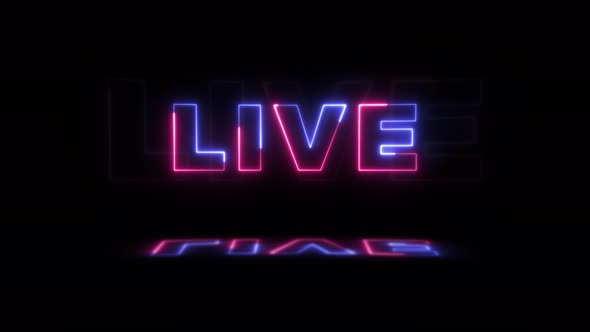 Neon glowing word 'LIVE' on a black background with reflections on a floor