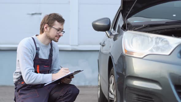 Young auto mechanic checking car wheel in auto service garage. Automobile servicing and repair.