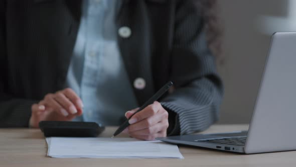 Close Up View Female Hands Business Woman Accountant at Office Desk Complete Financial Report Budget