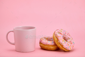 Colorful Donuts Breakfast Composition with Pink Color Styles. Game of colors, pink on pink. Sweet