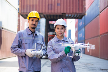 Portrait of engineer inspecting product by inspection drone Container import and logistics concept