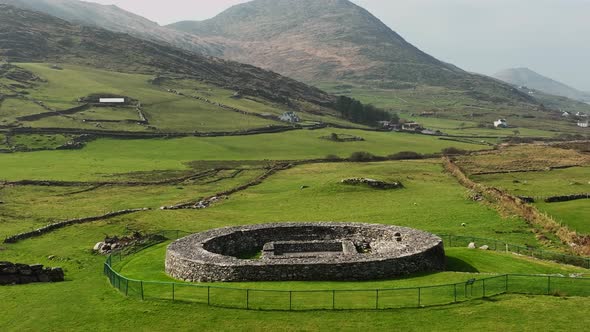 Loher Ringfort, Kerry, Ireland, March 2022. Drone pushes towards the ancient monument from the east