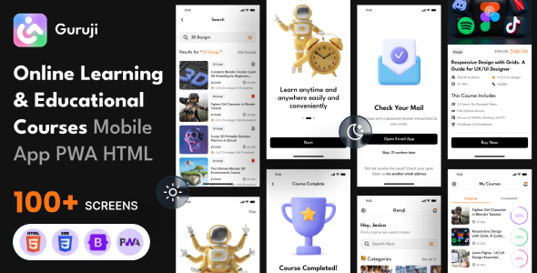 Online Learning and Education Mobile App PWA HTML Template - Guruji