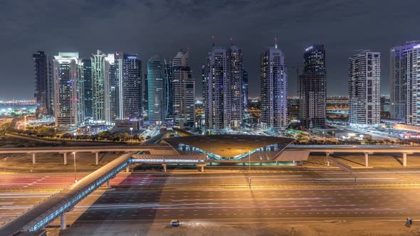 Aerial Top View to Sheikh Zayed Road Near Dubai Marina and JLT Timelapse Dubai