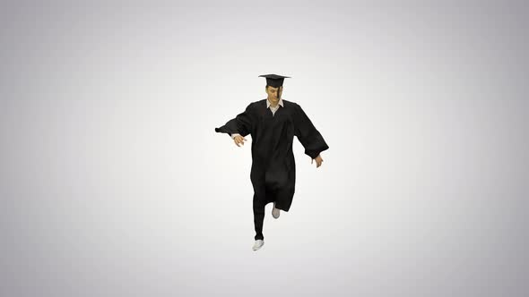 Male Graduate in Robe and Mortarboard Doing Modern Dance Looking at Camera on Gradient Background