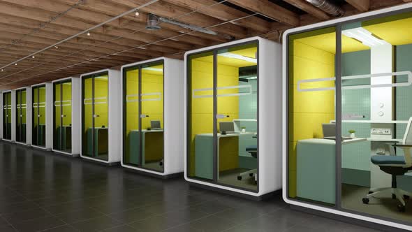 Side View Of Modern Office Cubicles Placed According To Social Distancing
