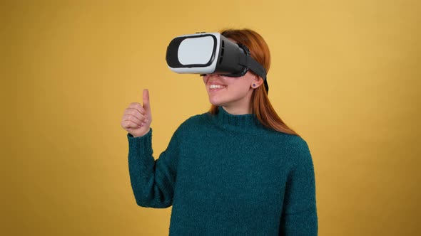 Young Woman Using VR App Headset Helmet