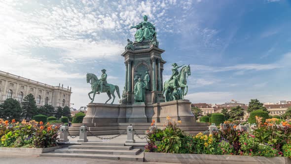 Empress Maria Theresia Monument Timelapse Hyperlapse and Museums Quartier on a Background in Vienna