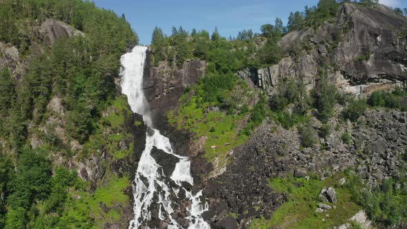 Drone Flight Towards White Water Waterfall
