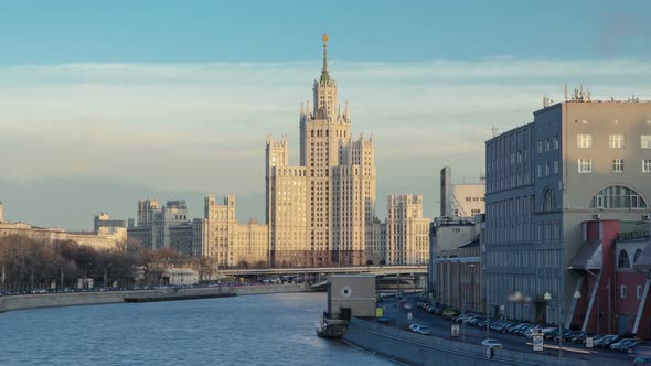 Dusk View of the Kotelnicheskaya Embankment Building Day To Night Hyperlapse in Moscow Timelapse