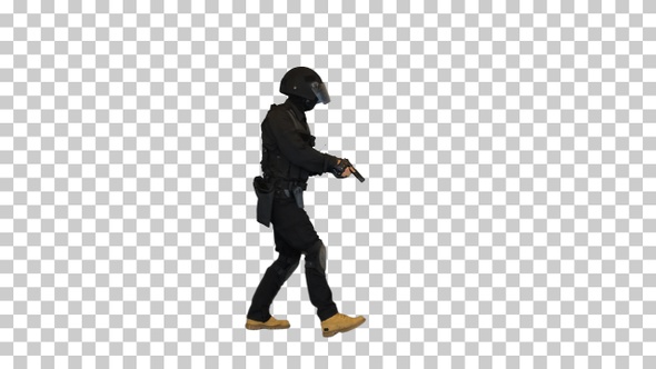 Police SWAT armed fighter walking with a hand gun, Alpha Channel