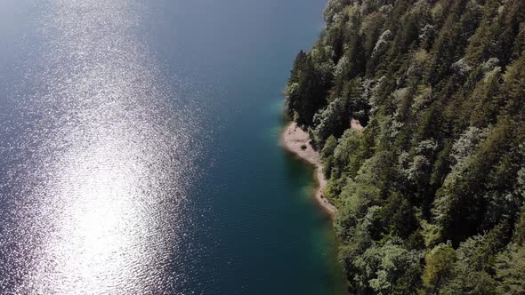 Beautiful drone video of an lake and mountains, eibsee in bavaria