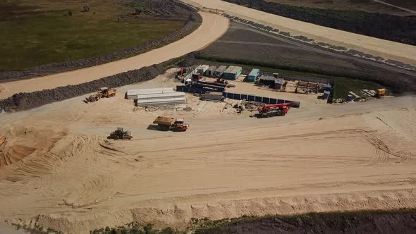 Aerial View of Construction Of Highways . Road Construction Machinery