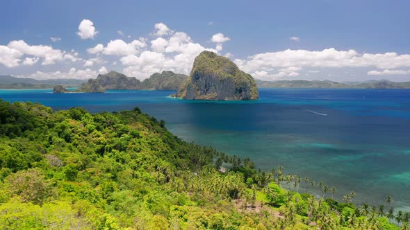 Aerial Drone Shot of Remote Coastline of Bacuit Bay