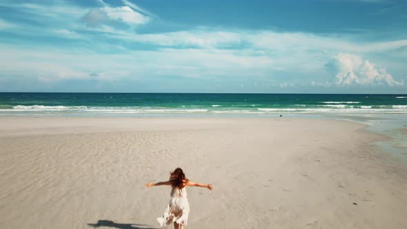 Aerial view. A woman in a brown dress runs along the white sand beach.