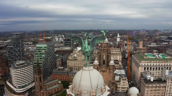 Aerial Close Up View of the Tower of the Royal Liver Building in Liverpool UK