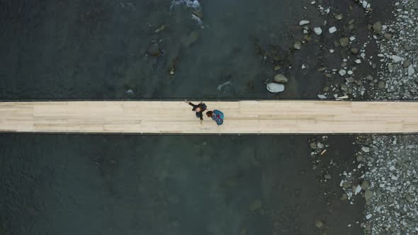 Drone Bridge Couple Dancing Enjoying Each Other River Vacation Journey Concept