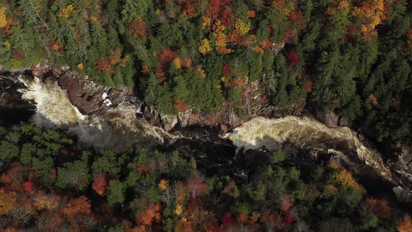 rapids in fall colored forest overhead view