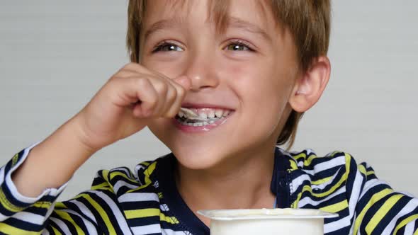 Cute Boy European Appearance Is Yogurt. Portrait of a Happy Child Sitting at the Table. Ecco, Baby