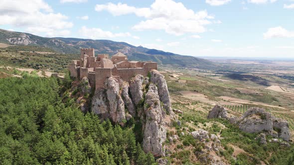 Beautiful large historic castle Castillo de Loarre near the city of Huesca in Spain with beautiful v