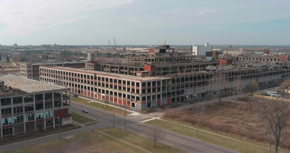 Aerial view of the dilapidated Packard Automotive Plant in Detroit, Michigan.This video was filmed i